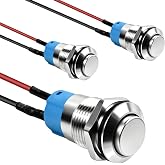 Dirvcp 12mm Latching Push Button Switch, 3-Pack | Stainless steel &amp; aluminum alloy; IP65, IK09; 2A 12/24VDC, 1A 250VAC; 100K cycles; pre-wired cables