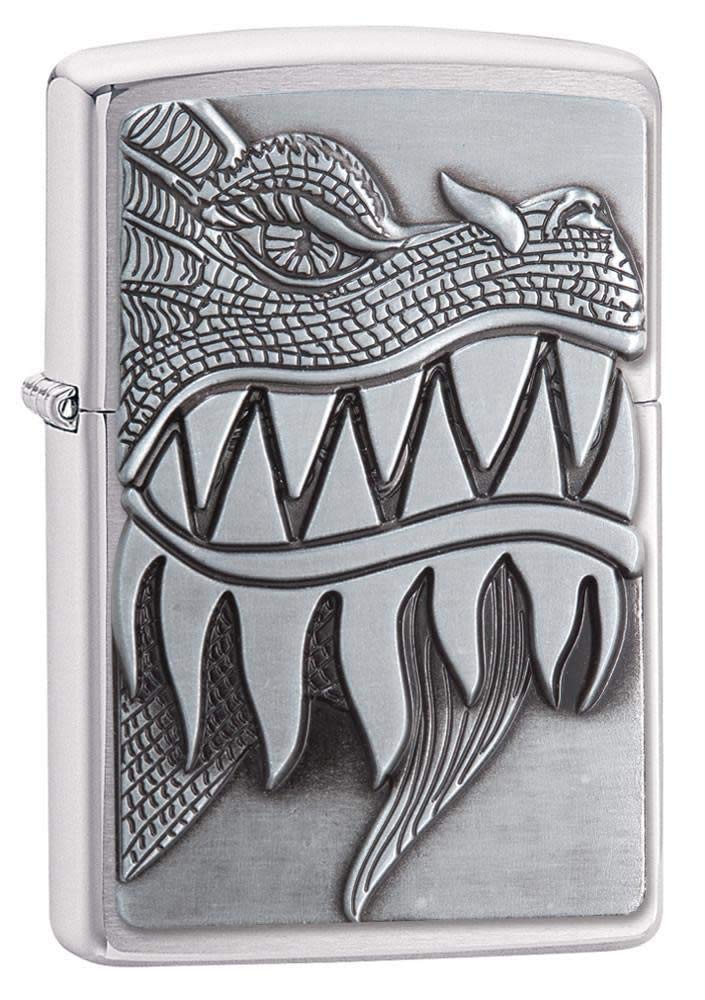Zippo Windproof Lighter - Dragon Teeth - Silver - Brushed Chrome Finish - Emblem Attached - Refillable - Reusable - Gift Box - Made in USA