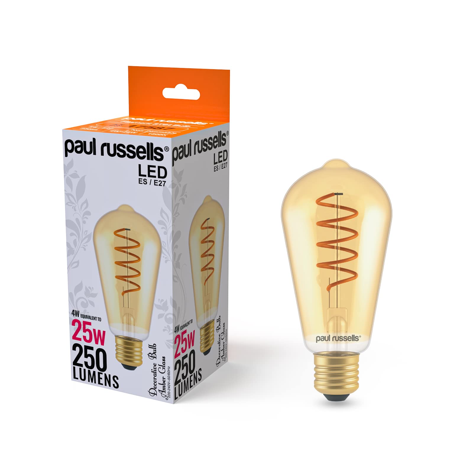 paul russells ST64 LED Filament Edison Screw E27 Vintage Lights - Pack of 1 – 25W Equivalent 4W 250LM Lumens 1800K ES Decorative Replacement Cage Bulbs Non-Dimmable - Extra Warm White Retro