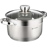 Daniks Standard 4 Quart Stainless Steel Stock Pot with Glass Lid, Tri-Ply Bottom for Even Heating, Induction Compatible, Dishwasher Safe, Built-In Measuring Scale, Silver