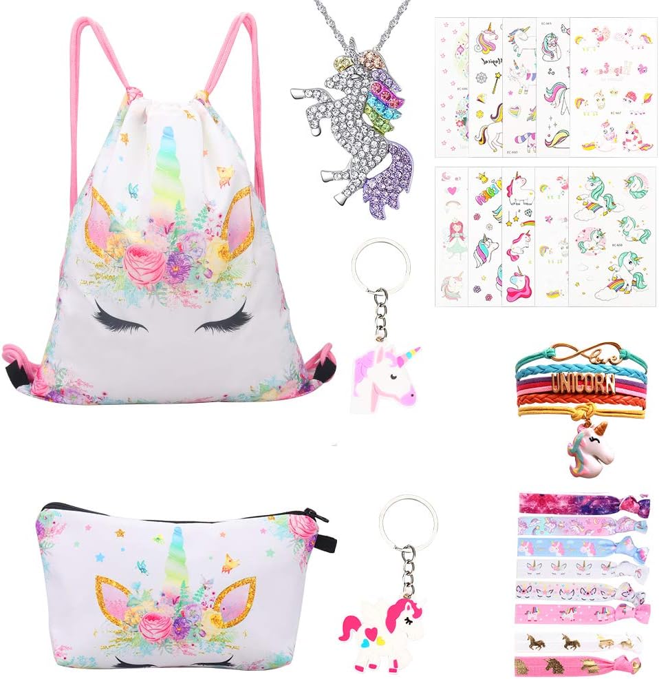 Unicorn Gifts for Girls 24 Pack, Unicorn Drawstring Backpack/Makeup Bag/Unicorn Pendant Necklace/Bracelet/Hair Ties/Unicorn Tattoo Sticker/Keychain