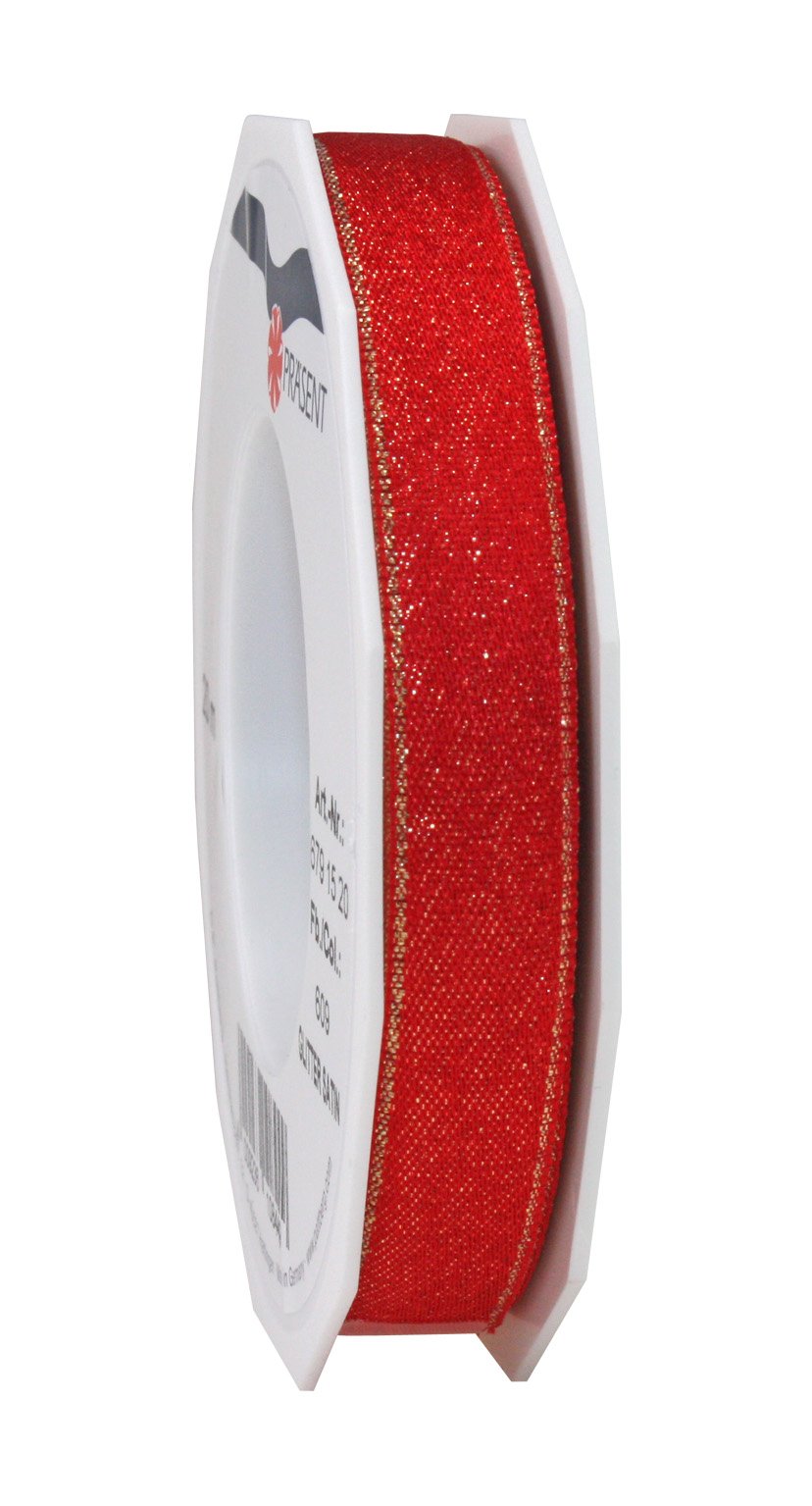 Präsent - Glitter Satin Ribbon Red-Gold 20-m-Roll 15 mm width — image 1