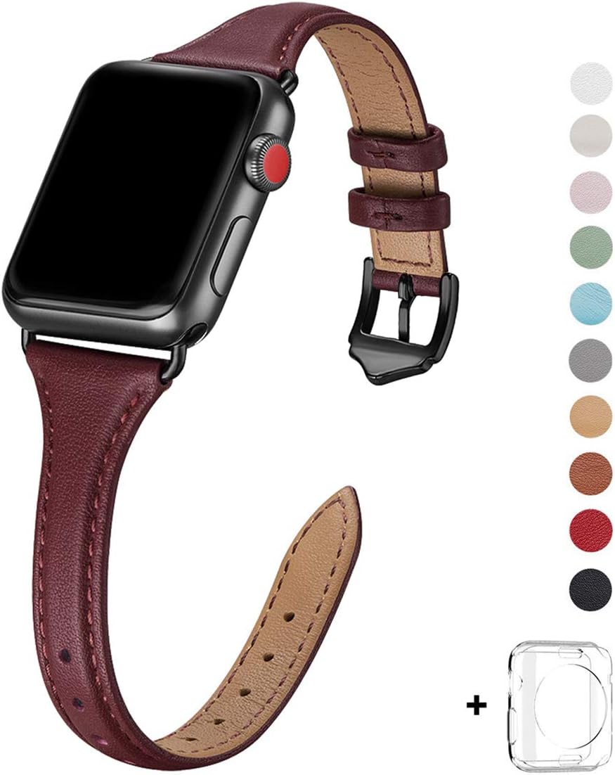 WFEAGL Compatible for Watch Strap 38mm 40mm 42mm 44mm, Multiple Colour Slim Leather Sport Replacement Strap with Watch Series 5/4/3/2/1,(38mm 40mm, Slim Wine Band+Black Adapter)
