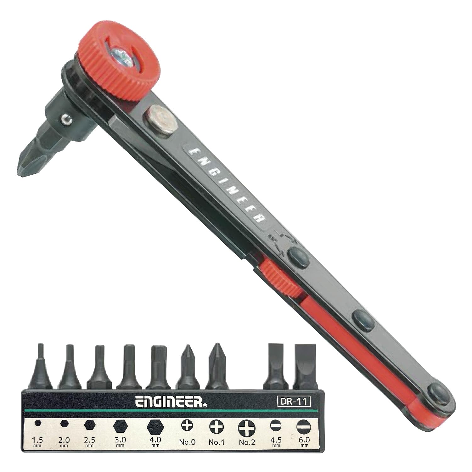 Compact 90 Degree Right Angled Ratchet Screwdriver + Assorted bits, fits into Restricted & confined Places. ENGINEER dr-06
