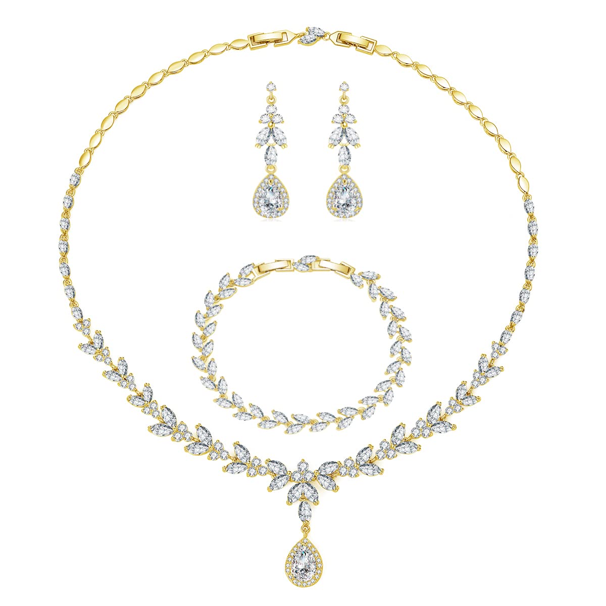 Kamise Wedding Jewellery Set for Women, Gold Bride Engagememt Jewellery Sets, AAAAA Cubic Zirconia Teardrop Necklace & Earrings & Bracelet Set, Sparkle Flower Jewellery Sets for Wedding Party Event