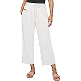 GRAPENT Linen Pants for Women High Waisted Wide Leg Capri Elastic Waist Casual Beach Flowy Cropped Summer Capris Pants