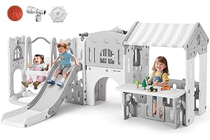 JOYLDIAS 10 in 1 Toddler Slide, Freestanding Kid Climber Slide Playset, Toddler Playhouse with Slide and Swing, Basketball Hoop, Telescope, Indoor Outdoor Backyard Playground Toy for Toddlers Age 1-3+