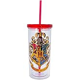 Harry Potter Hogwarts Crest Plastic Carnival Cup With Leak-Resistant Lid and Reusable Straw | Double-Walled Travel Tumbler For Drinks | Holds 20 Ounces