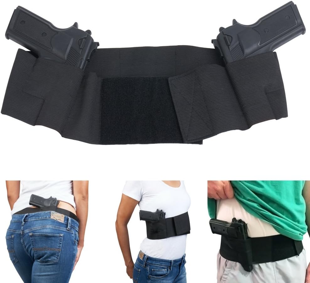 Concealed Carry Belly Band Holster - Best for Pistols or Revolvers - Ruger, Glock, Springfield - 3 Extra Pockets fit Phone and Money. Gun Holster for Women or Men