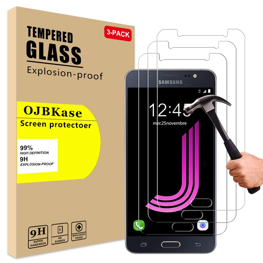 OJBKase for Samsung Galaxy J7 2016 Screen Protector [3 PCS], Scratch Resistant Anti-Shatter Film [0.26mm, 2.5D] 9H Tempered Glass Screen Protector for Samsung Galaxy J7 2016