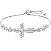 Ladytree 925 Sterling Silver Cross Bracelet for Women Adjustable God Faith Christian Jewelry Gift