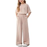 RoseSeek Girl's 2 Piece Casual Linen Summer Outfits Oversize Half Sleeve T Shirt and Wide Leg Pants