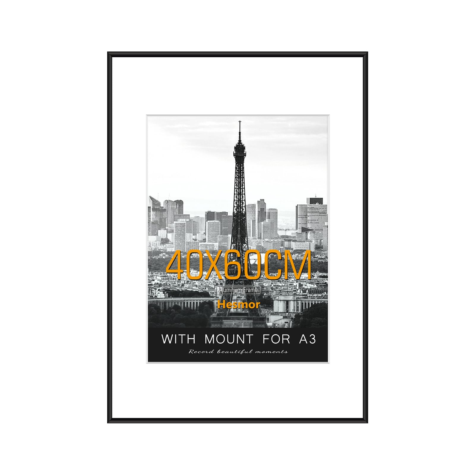 Hesmor 40x60cm Picture Frame Black Aluminum Acrylic Certificate Frame, Poster Frame for Wall Mounting with Mat for Portrait, Printing, Landscape