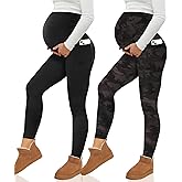 Happy.angel 2 Pack Maternity Fleece Lined Leggings Over The Belly, Womens Black Workout Yoga Pregnancy Pants with Pockets