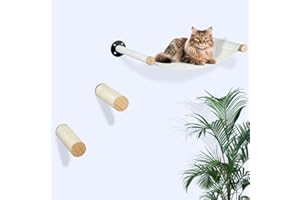 LCTROS Cat Hammock, 2 Steps Hanging Cat Hammock for Wall, Wooden Cat Wall Hammock for Sleeping, Cat Wall Shelves with Climbing Steps (White Hammock)