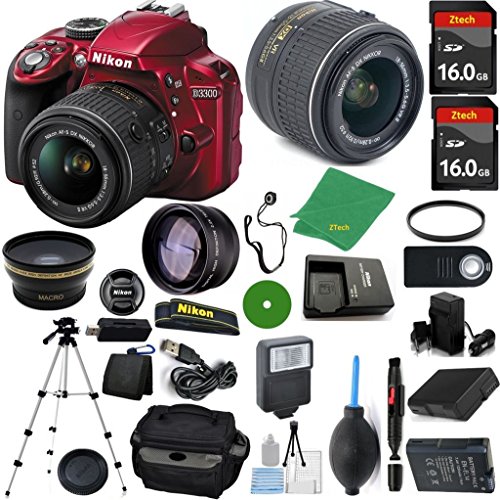 Nikon D3300 Red DSLR - International Version (No Warranty), 18-55mm f/3.5-5.6 DX VR, 2pcs 16GB Memory, Camera Case, Wide Angle, Telephoto, Flash, Battery, Charger