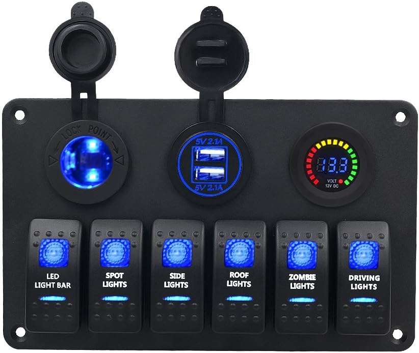 Meipire LED Switch Panel Rocker Switch Pressure Switch DC 12V/24V Toggle Switch 6 Gang with Cigarette Lighter + 4.2A Dual USB Charger + Digital Voltmeter 5-30V for Car, Boat, Truck, RV, Caravan