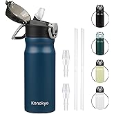 Konokyo Insulated Water Bottle with Straw and Carry Loop,18 oz Stainless Steel Double Wall Vaccum Metal Water Flask with Leak-proof Lid,Navy blue