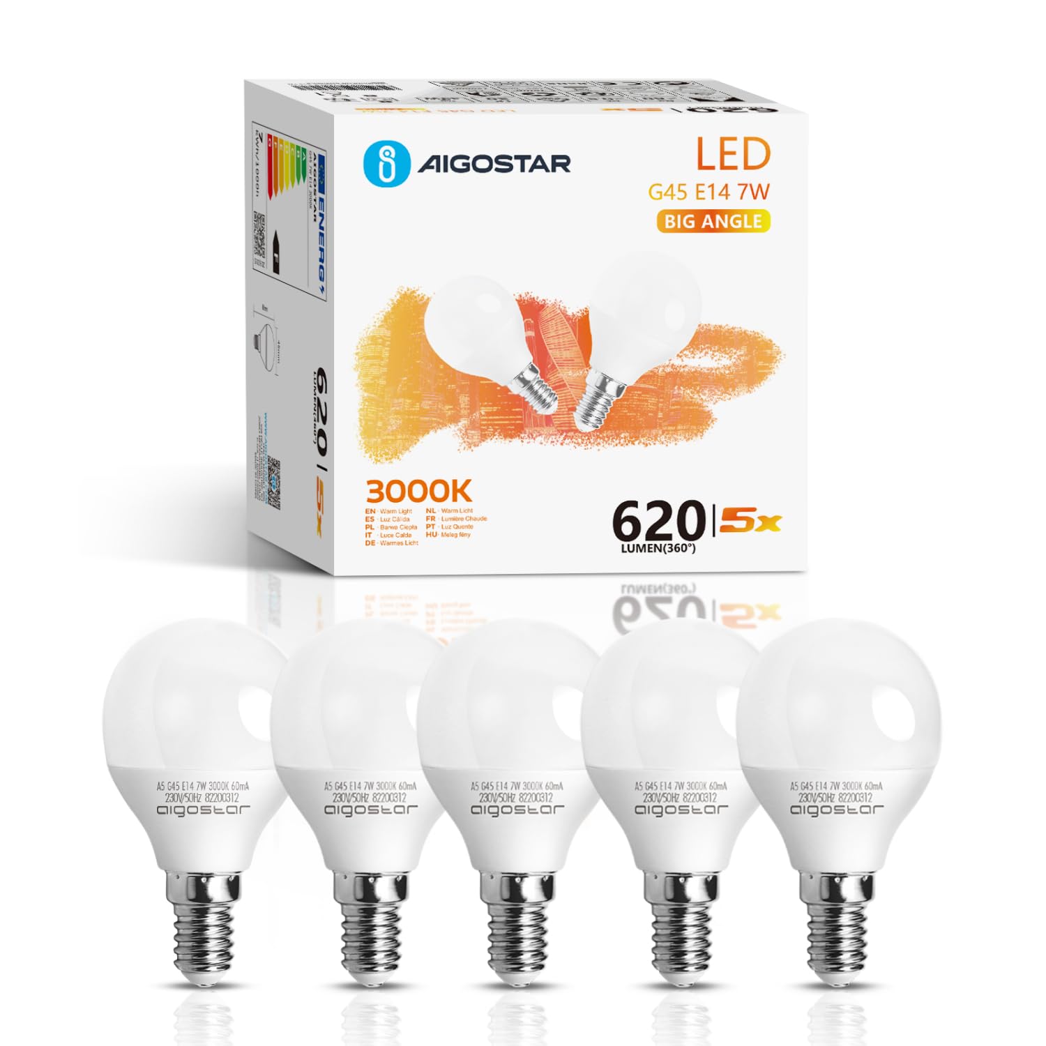 Aigostar E14 Small Edison Screw Golf Ball Bulb, G45 SES LED Light Bulbs 7W(43W Equivalent), 3000K Warm White E14 LED Bulb, 5 Pack