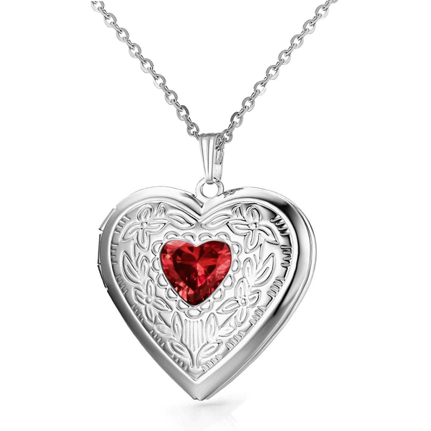 Birthstones Locket Necklace that Holds Pictures Love Heart Photo Locket Crystals Necklace Pendant Birthday Gifts (January)