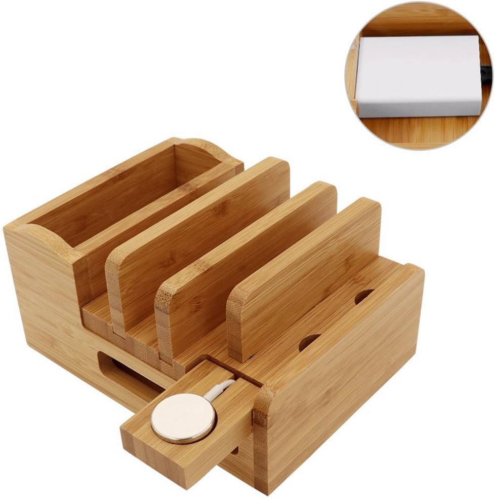 iCozzier Bamboo 5-Port Fast USB Charging Station DockDesktop Organizer/Stand Cord Organizer Multi-Devices Docking Station for Universal Smart Phones and Tablets iWatch