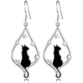 Black Cat Earrings 925 Sterling Silver Cute Black Cat Dangle Earrings for Cat Lovers Black Cat Gifts for Women