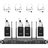 Phenyx Pro 4-Channel Wireless Microphone System, UHF Auto Scan Cordless Mic Set, 4 Bodypacks w/Headsets/Lapel Mics, 4x40 Frequencies, 328ft Coverage, Mic for Church, DJ, Meeting (PTU-7000-4B)