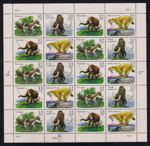 Prehistoric Animals Sheet of Twenty X 32 Cent Postage Stamps Scott 3080a