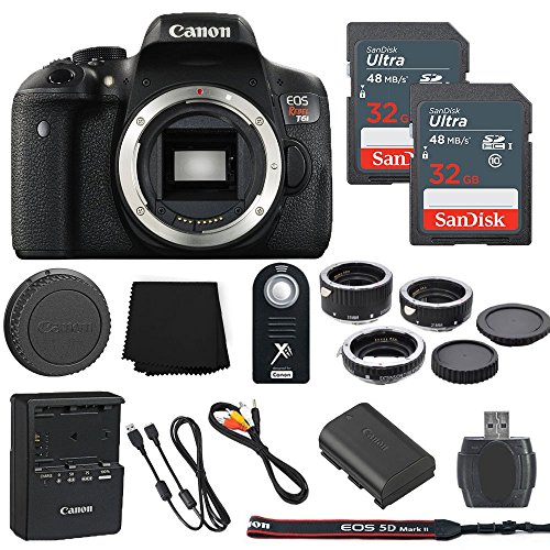 Canon EOS Rebel T6i 24.2MP Digital SLR Camera Body Only + 2 32GB Sandisk Ultra SD Cards + Macro Extension Tubes + Wireless Shutter Remote + Memory Card Reader + Cleaning Cloth - International Model