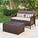 SOLAURA 3 Pieces Outdoor Furniture Brown Wicker Bistro Set Light Brown Cushions with Classic Gold Stripe Throw Pillows and Coffee Table