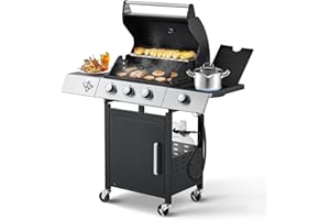 MELLCOM Upgraded 36,000 BTU Stainless Steel Burner Barbecue Grill, 3 Burner BBQ Propane Gas Grill with Cast Iron Grates & Side Stove for Patio, Camping, Outdoor Cooking
