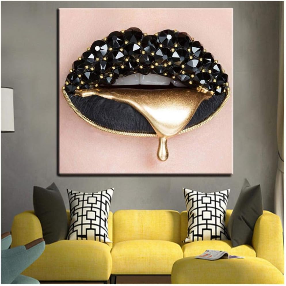 Sexy lips Gold gem Wall Art Wall Painting Canvas HD Wall Art Canvas Picture Waterproof Ink Decoration maison/50x50cm no frame