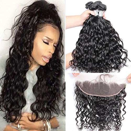 7A Virgin Hair Water Wave 3 Bundles With Lace Frontal Closure 13x4 Ear To Ear Frontal With Baby Hair Brazilian Human Hair Extensions(14 16 18with 12)
