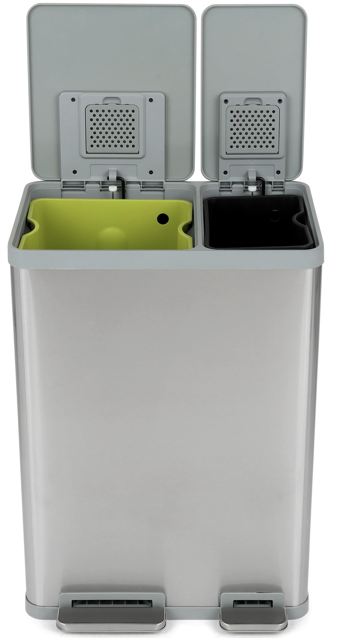 Photo 1 of SIMPLI-MAGIC 16 Gallon (38L x 22L) Dual Compartment Step Trash Can – Kitchen Garbage Can with Waste & Recycling Bins – Slow-Close Lid, Odor Control, Hands-Free, Inner Bases, Brushed Stainless Steel