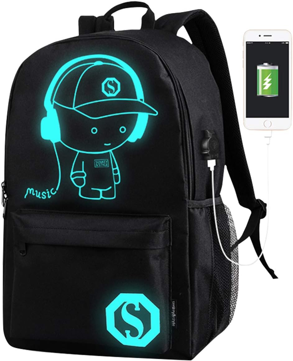 Teens Backpack Boys, Middler Secondary School Bag Laptop Backpack with USB Charging Port Luminous Music Boy Printing Casual Daypack 15.6 Inch School Outdoor Travel