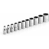 Powerbuilt 11 Piece Metric Shallow Socket Set, 1/4-Inch Drive, 6 Point, Dual Grease Rings, Size Markings - 640498, Silver
