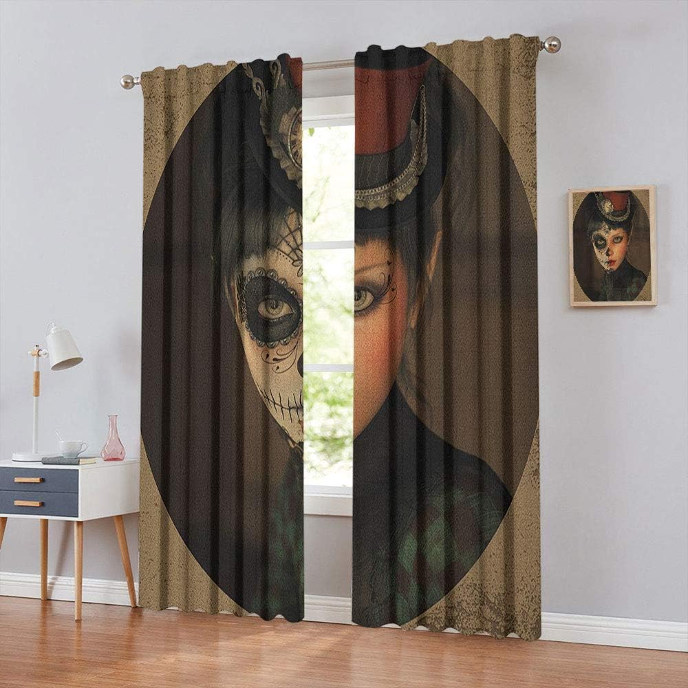 Curtain Hanging Vertically Antique-Portrait-Girl-with-Calavera-Inspired-Makeup-and-Topper-Realistic-Design Window Curtains Apartment Decoration Set of 2 Panels W96 x L96