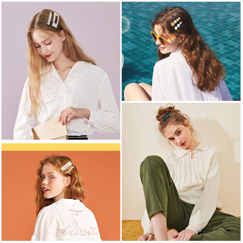 28 PCS Hingwah Pearls and Acrylic Resin Hair Clips, Handmade Hair Barrettes, Marble Alligator bobby pins, Glitter Crystal Geometric Hairpin, Elegant Gold Hair Accessories, Gifts for Women Girls : Beauty
