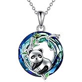 VONALA Panda Necklace 925 Sterling Silver Panda Bamboo Necklace with Blue Crystals Cute Panda Jewelry Gifts for Women