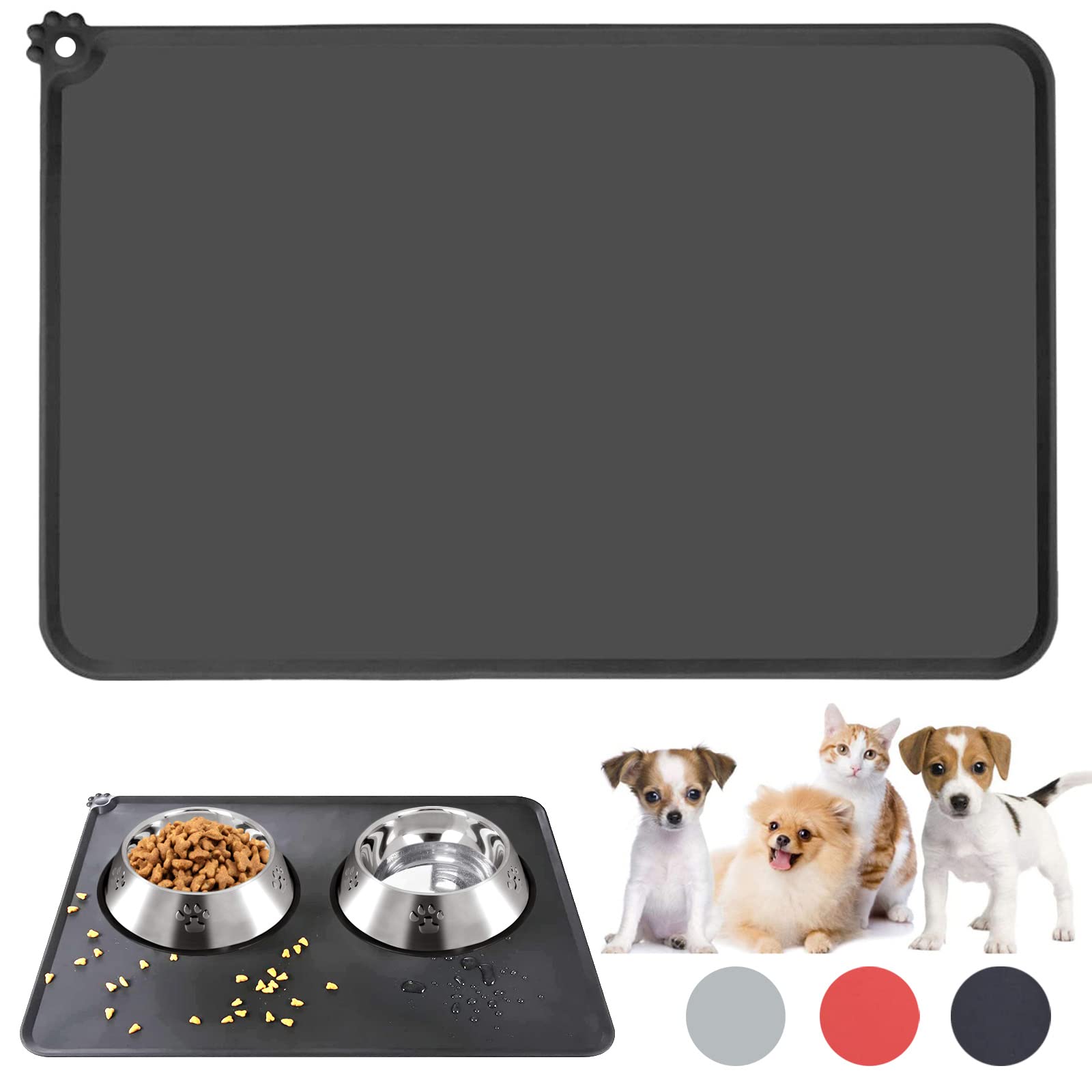 Jiuhao Dog Cat Food Bowl Mat, Silicone Pet Feeding Mat Wipe Clean, Non Slip, Prevent Food Spills, Large (21.6inx15in)