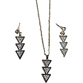 Sterling Silver Geometric Triangle Necklace and Earring Set, Black Crystal Cubic Zirconia Stud Earrings, Dainty Women's Jewelry