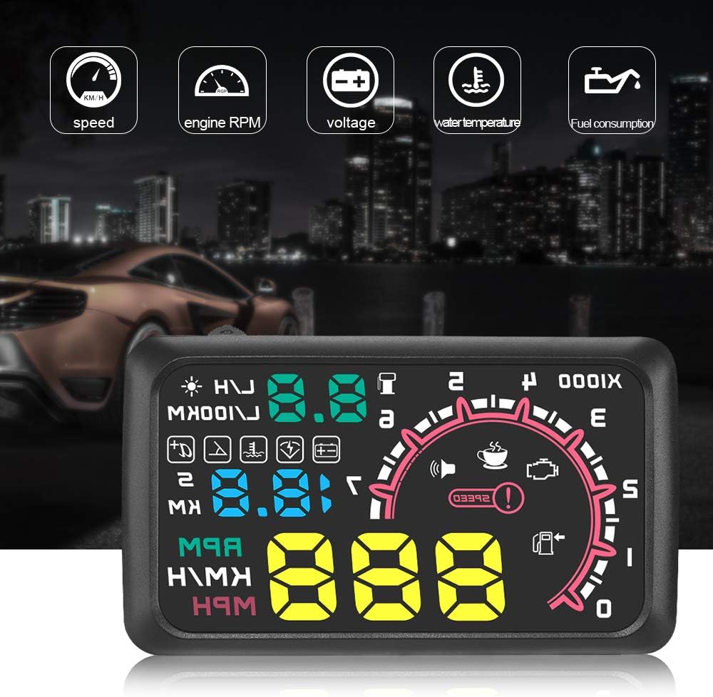 HUD Head Up Display,5.5" OBD II/OBD 2 Dash Screen Projector,Windshield Alarm Interface for MPH KM/h,Engine RPM,Fuel,OverSpeed,Mileage,Water Temperature,Voltage