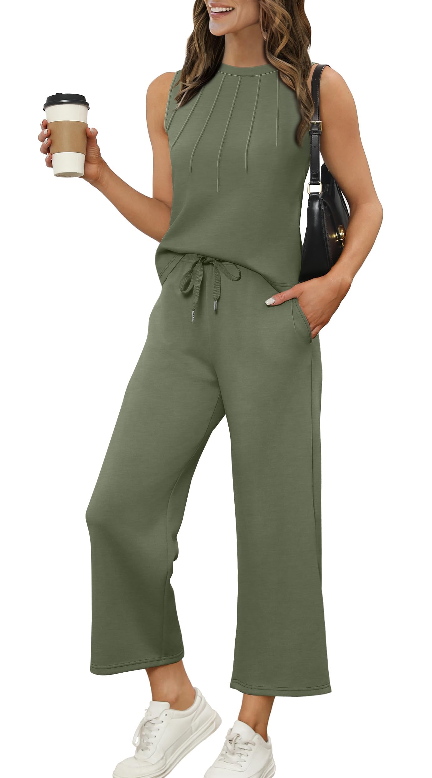 Photo 1 of WIHOLL Two Piece Sets for Women Summer Plus Size Tops Spring Beach Vacation Clothes Travel Cruise Outfits Cozy Lounge Sets Matching Set Women Clothing Olive Green XL