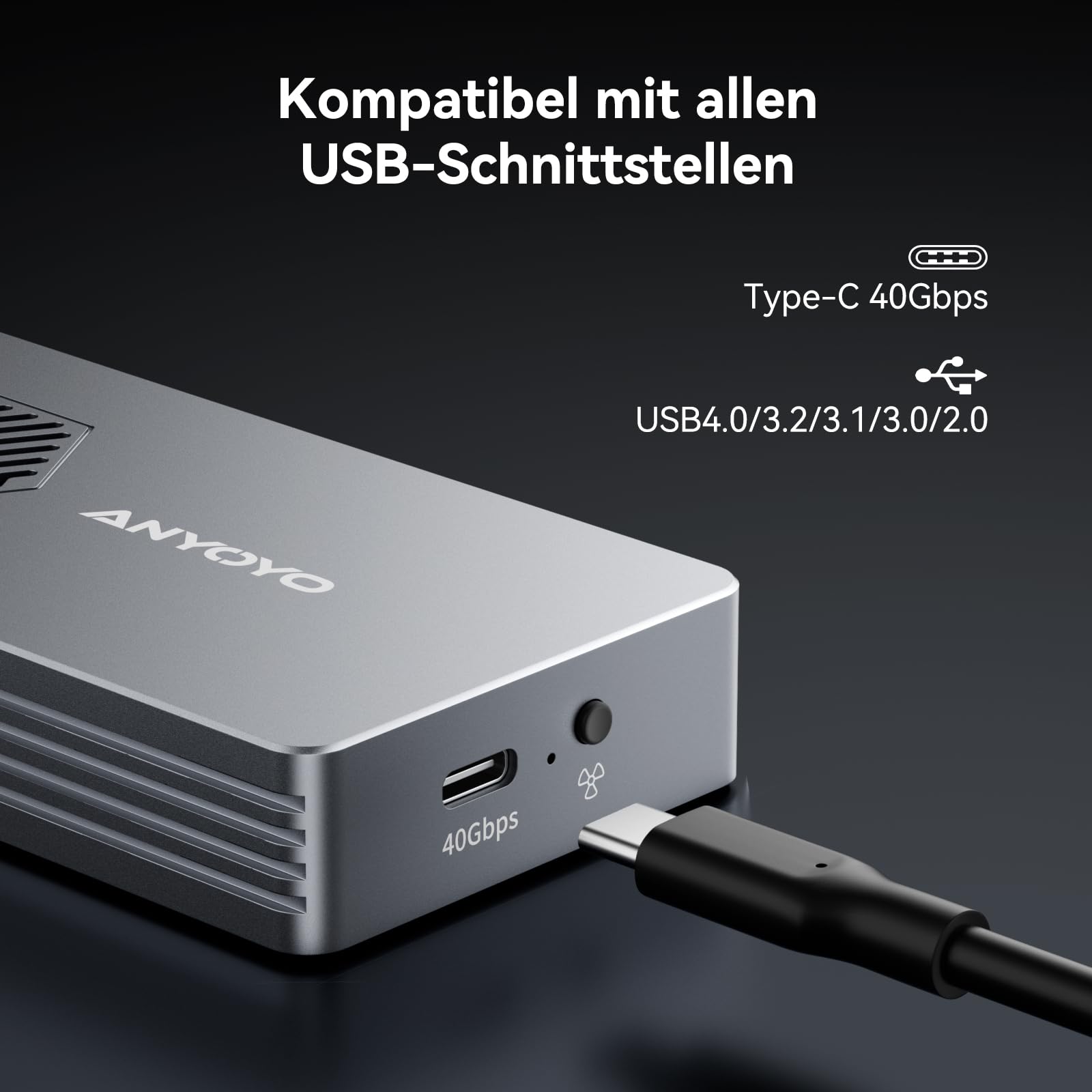 40Gbps M.2 NVMe SSD Gehäuse mit Lüfter, ANYOYO NVMe Gehäuse kompatibel für Thunderbolt 5/4/3 M.2 SSD Gehäuse für PCIe 2280 M-Key (B+M Key), USB C Aluminium SSD Gehäuse kompatibel für USB 4/3.2/3.1 6