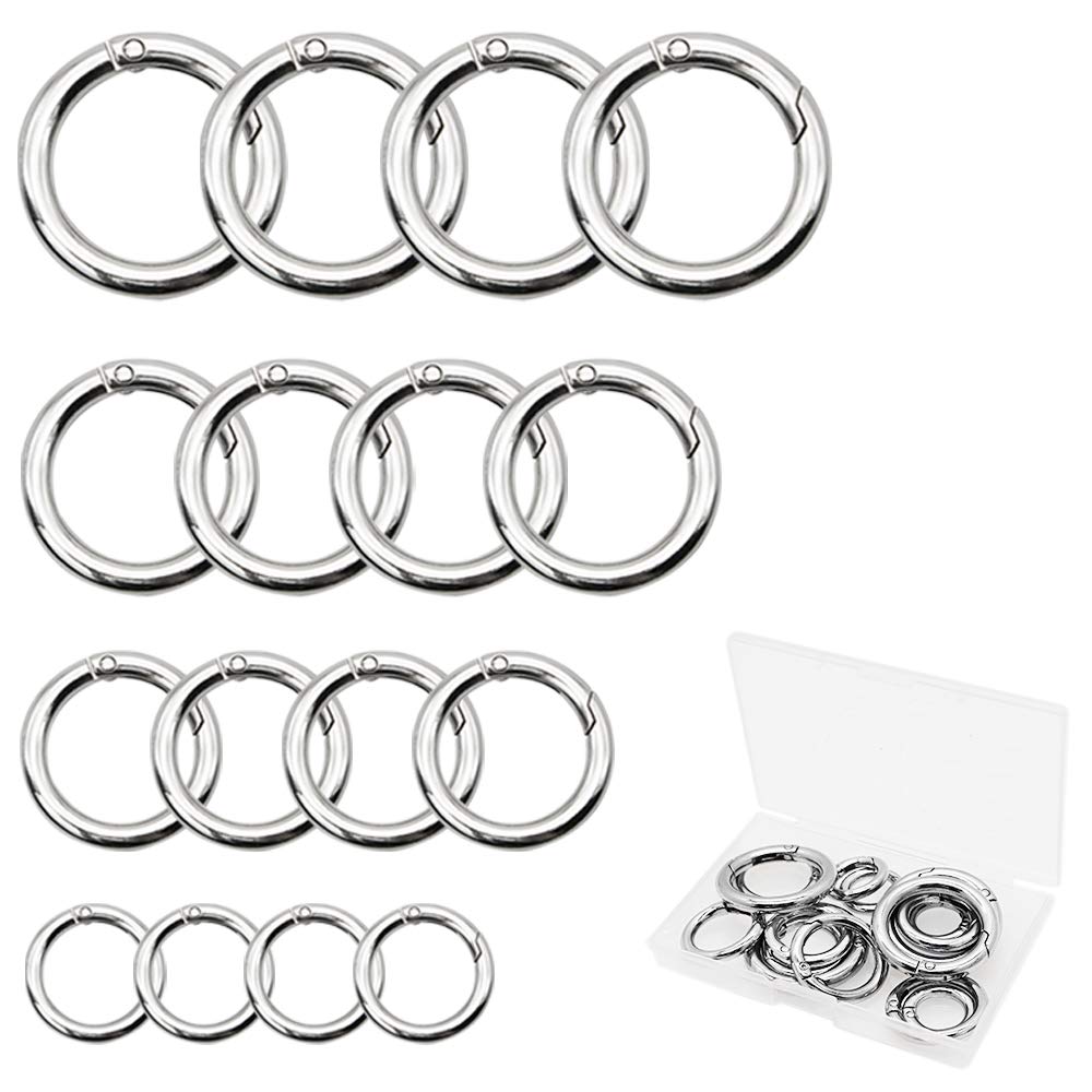 QUMENEY 16PCS Round Spring Ring Key, Spring O Ring, Zinc Alloy Round Carabiner Snap Trigger Buckle, Hooks Clip DIY Accessories 4 Styles for Key Chains, Bag, Purse and Handbag (Silver)