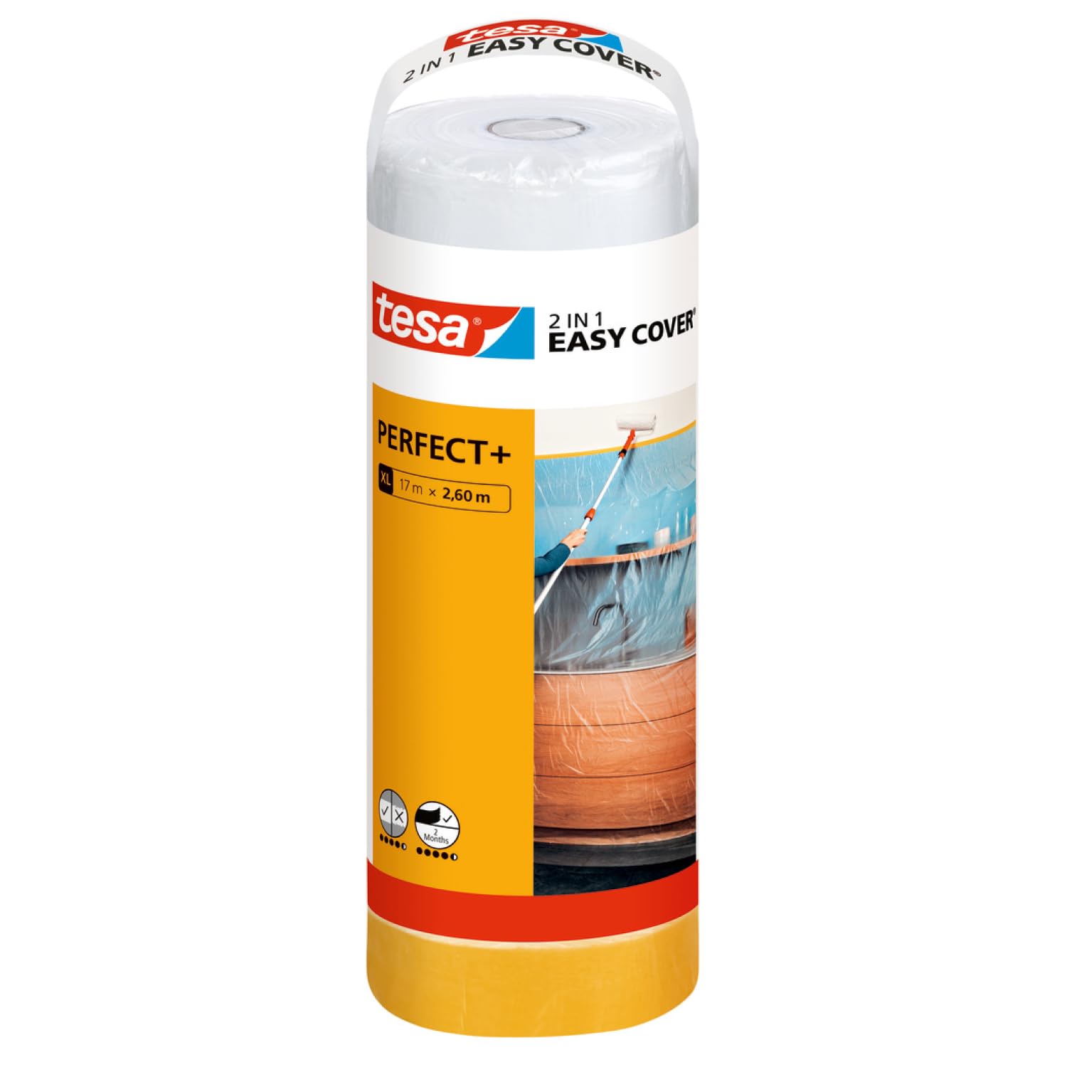 tesa Easy Cover PerfectPlus Refill XL - 2in1 Masking Film with Painter's Tape made of Washi Paper - for masking and covering during painting work - 17 m x 260 cm