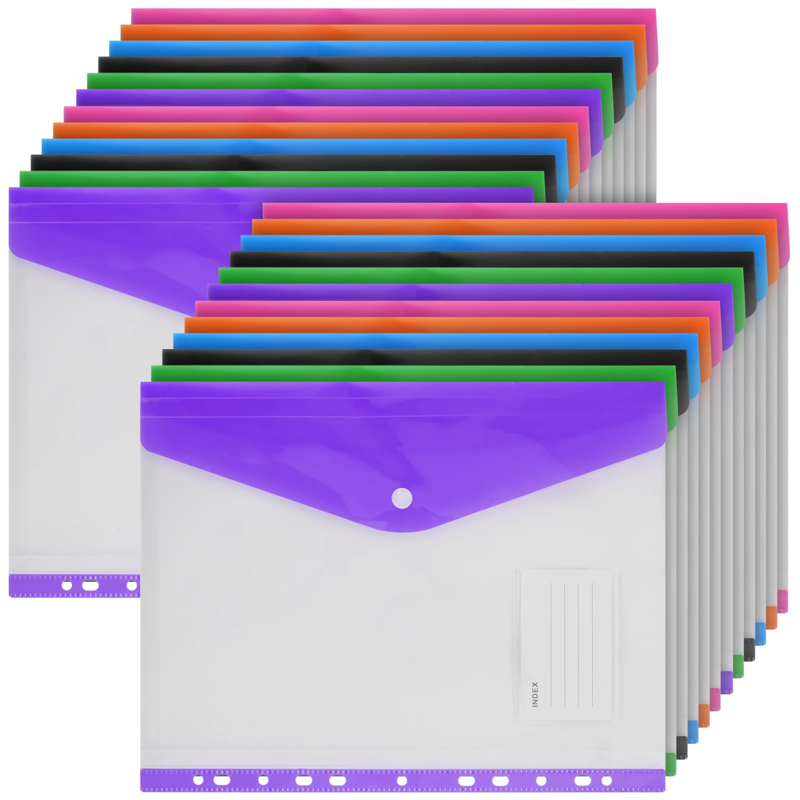 24 PCS Punched Pockets Plastic Wallets, YUENPUN A4 Coloured Clear Punched Pockets, Folders Plastic Popper Pocket, Binder Folder with Document Wallets for Home, Office, School