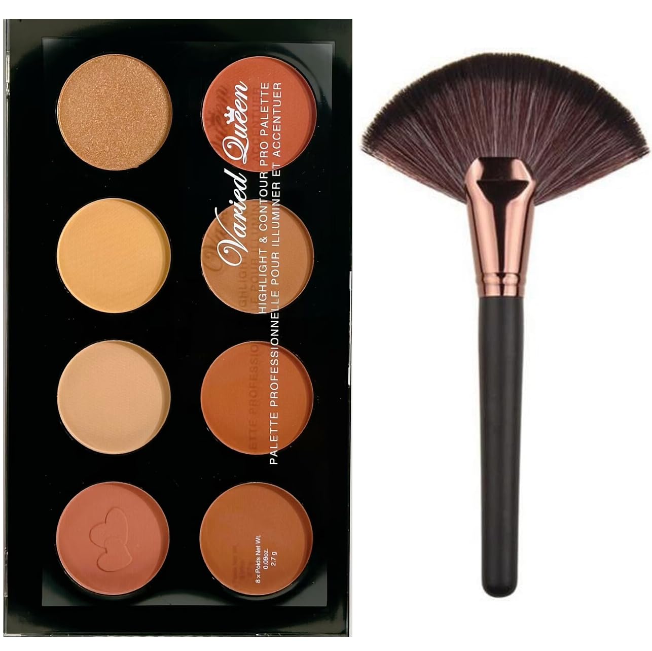 8 Colours Highlighter, Blusher, Bronzer, Bronzing Face Contour Palette + Large Rose-Gold Fan Cheek/Blending/Contour/Highlighter/Bronzer/Dust Makeup Brush