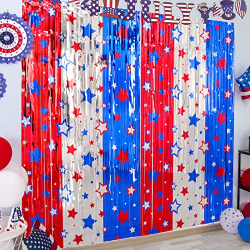 LOLStar 4th of July Decoration,Red White Blue 3 Pack America Star Tinsel Foil Fringe Curtains,4th of July Photo Booth Prop Streamer Backdrop for Independence Day,Memorial Day,Labor Day Patriotic Party