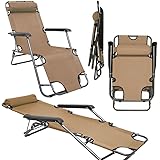Folding Sun Lounger | Foldable Deck Chair | Reclining Garden Chair 153 cm + leg rest reclining back + headrest | Beige